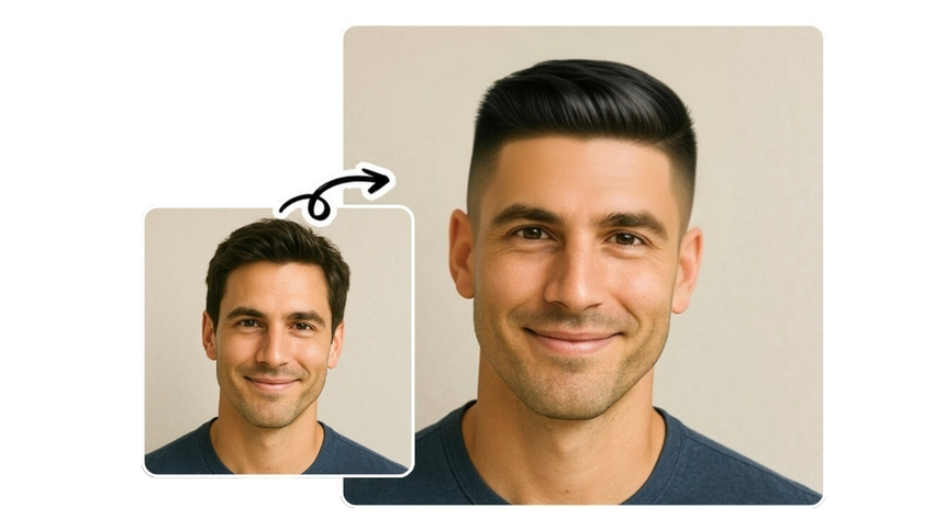 Vorher-Nachher-Bild eines Mannes mit Standardfrisur und stylischem Crew Cut im Vergleich.