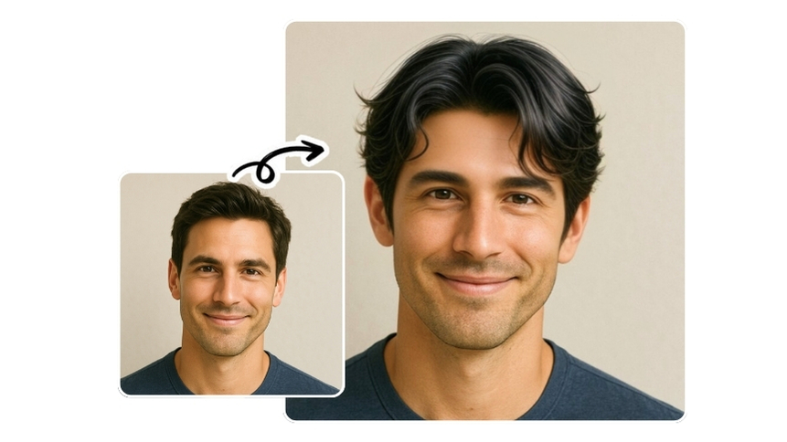 Mann mit originaler Frisur links, moderner Curtain-Frisur rechts – Frisurentest für Männer online.