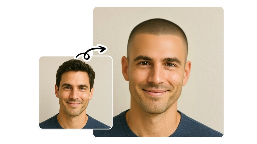 Mann mit kurzer Standardfrisur links, simuliertem Buzz Cut rechts – digitaler Frisurentest für Männer.
