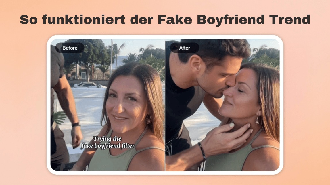 Vorher-Nachher-Vergleich, der den viralen Fake Boyfriend Trend zeigt. Eine Frau nutzt den Fake Boyfriend Filter, um einen Mann in ihr Foto einzufügen, der sie anschließend auf die Stirn küsst.