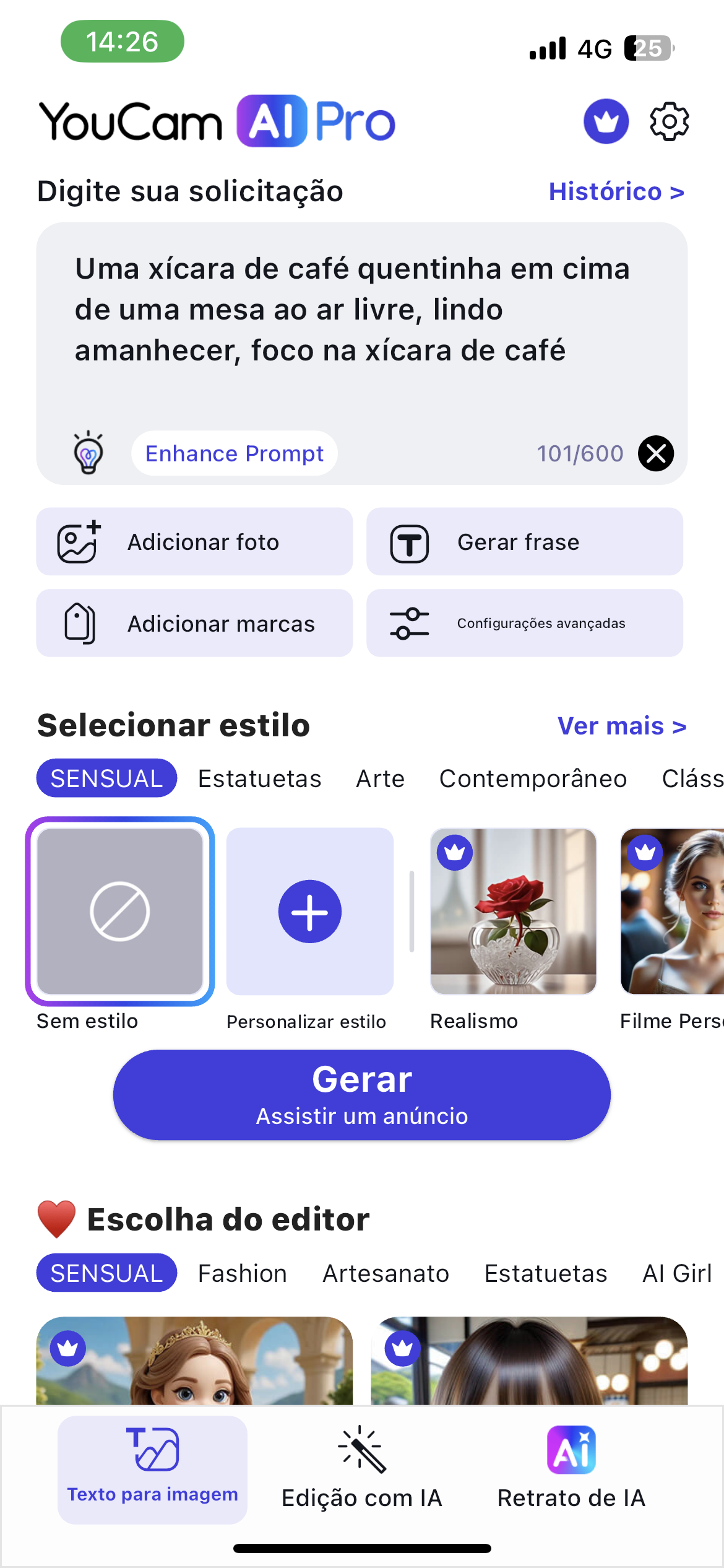 Interface do YouCam AI Pro para gerar imagens religiosas com IA a partir de um prompt de texto.