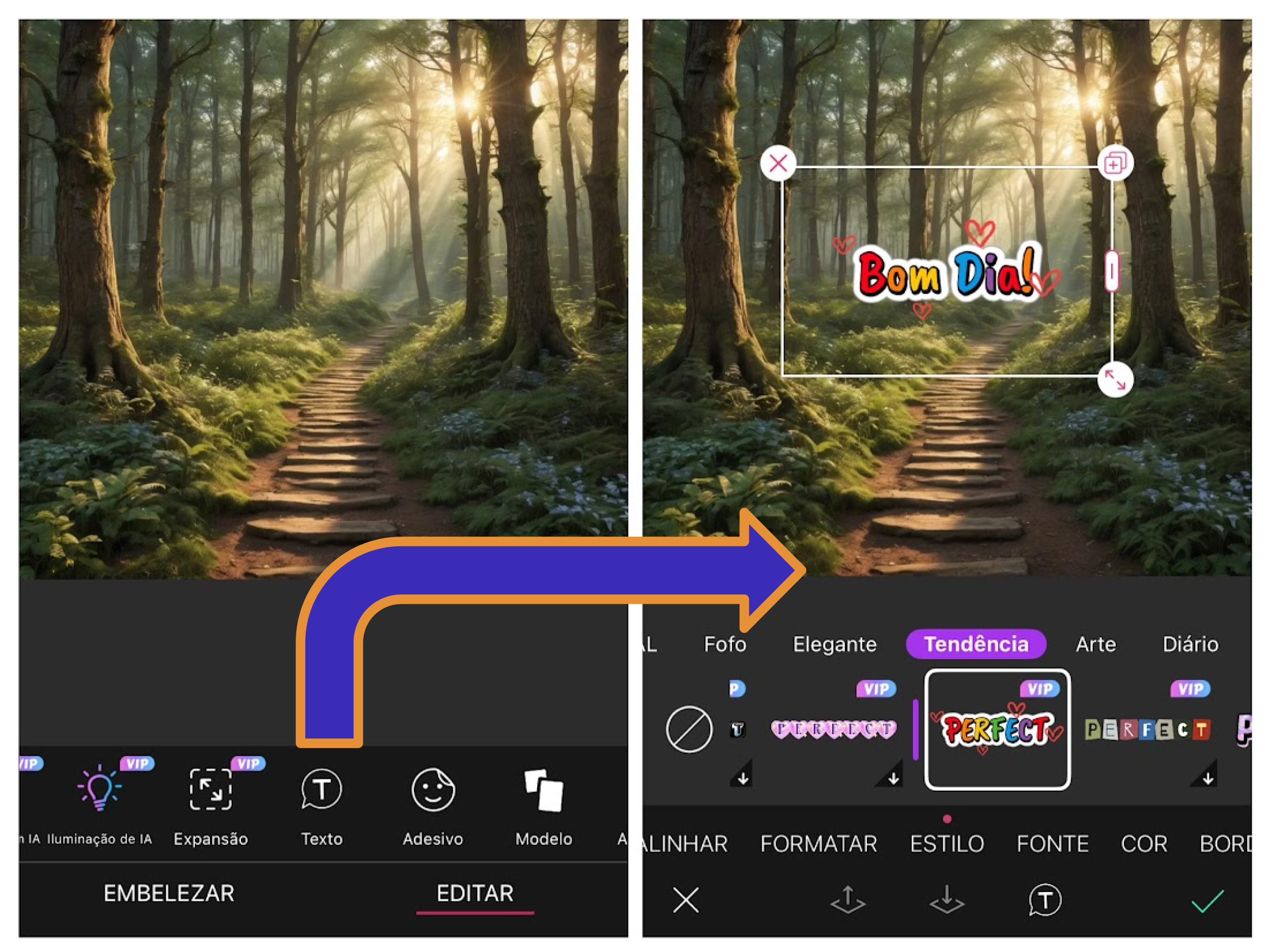 Tutorial mostrando como adicionar texto em fotos com as fontes do app YouCam Perfect.