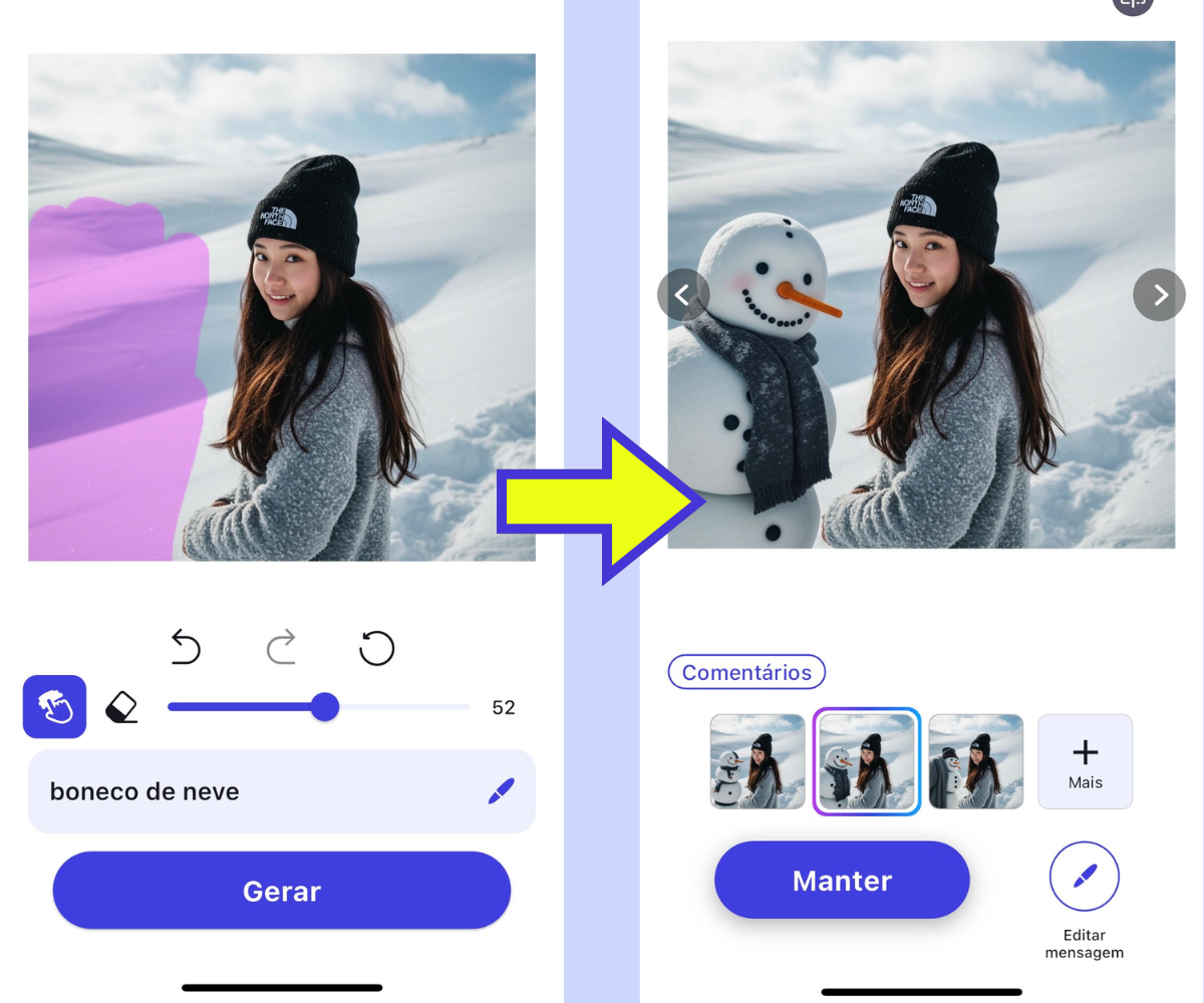 Interface do YouCam AI Pro mostrando a função de geração de imagens: à esquerda, uma mulher na neve com uma área selecionada para substituição; à direita, a mesma cena após a IA gerar e inserir um boneco de neve na área selecionada.