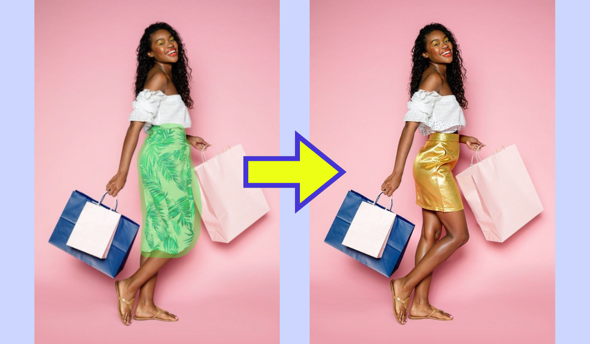 Demonstração de edição de roupa com YouCam AI Pro: uma mulher com uma saia estampada verde é transformada digitalmente para usar uma saia dourada brilhante.