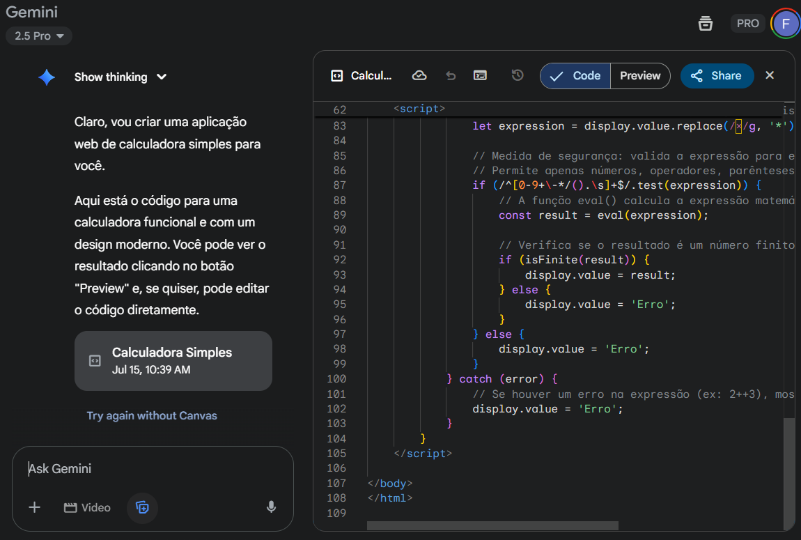 Captura de tela da interface do Gemini mostrando a criação de um aplicativo web de calculadora simples. À esquerda, o Gemini oferece o código da calculadora e a opção de pré-visualizar ou editar. À direita, um editor de código exibe o código JavaScript e HTML da calculadora, incluindo uma função para avaliar expressões matemáticas e lidar com erros.