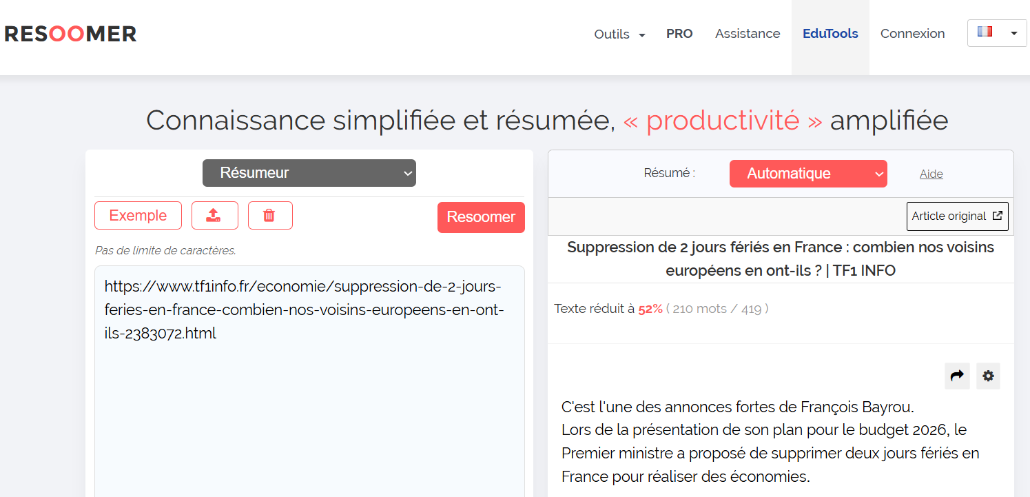 une IA pour résumer des articles en ligne  via URL mais aussi via texte
