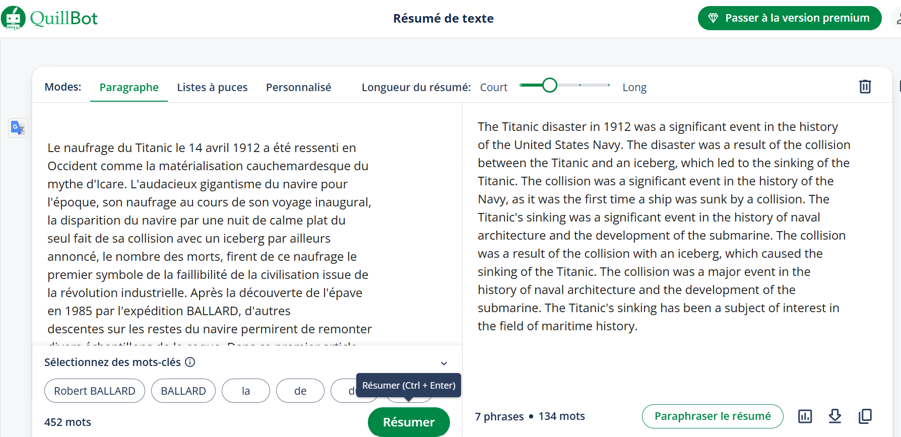 IA pour résumer un texte en ligne de français vers anglais
