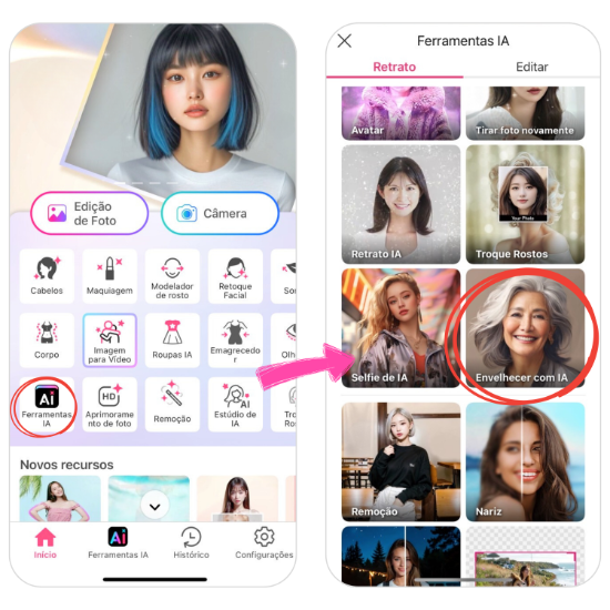 Interface do YouCam Makeup com ferramentas IA