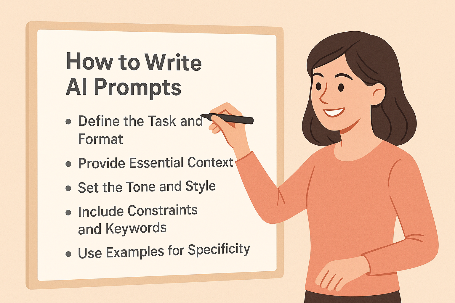 Female figure writing on a board labeled "How to Write AI Prompts" with tips such as defining the task, setting tone, using constraints, and including examples.