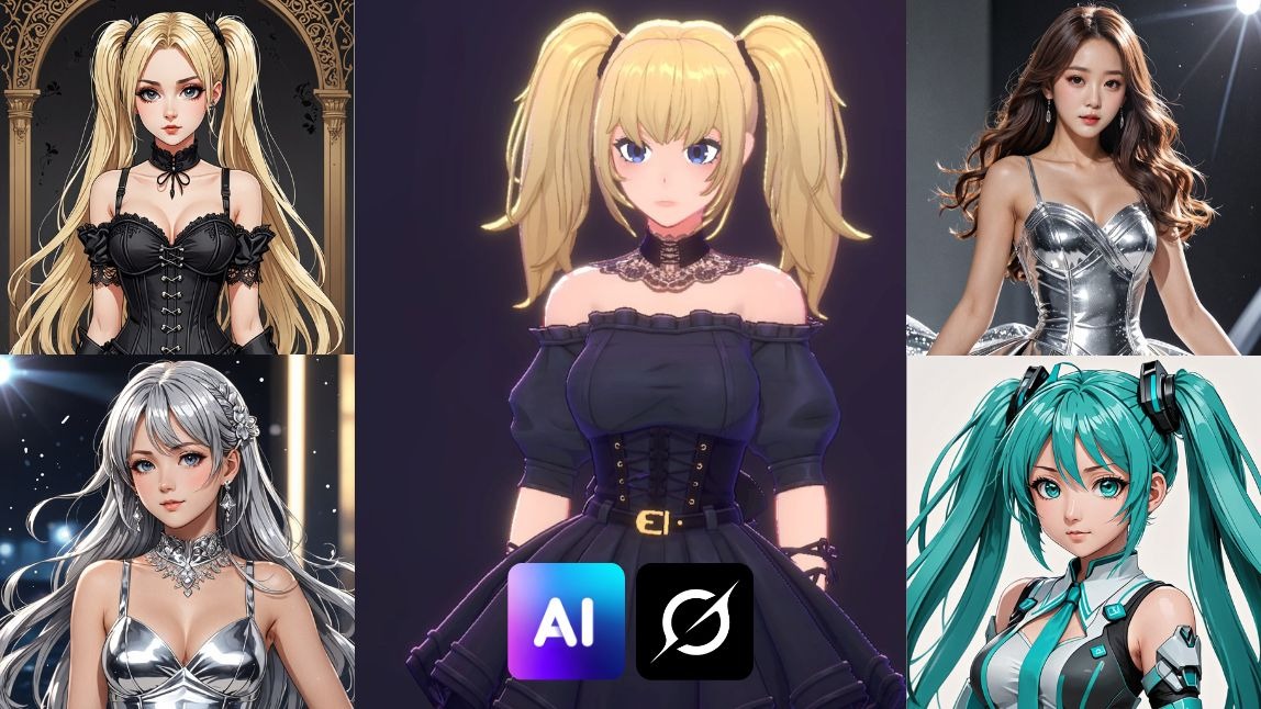 Montagem de fotos com 5 mulher IA, incluindo Ani, companheira virtual do Grok AI do Elon Musk, e outras companheiras virtuais criadas com o YouCam AI Pro