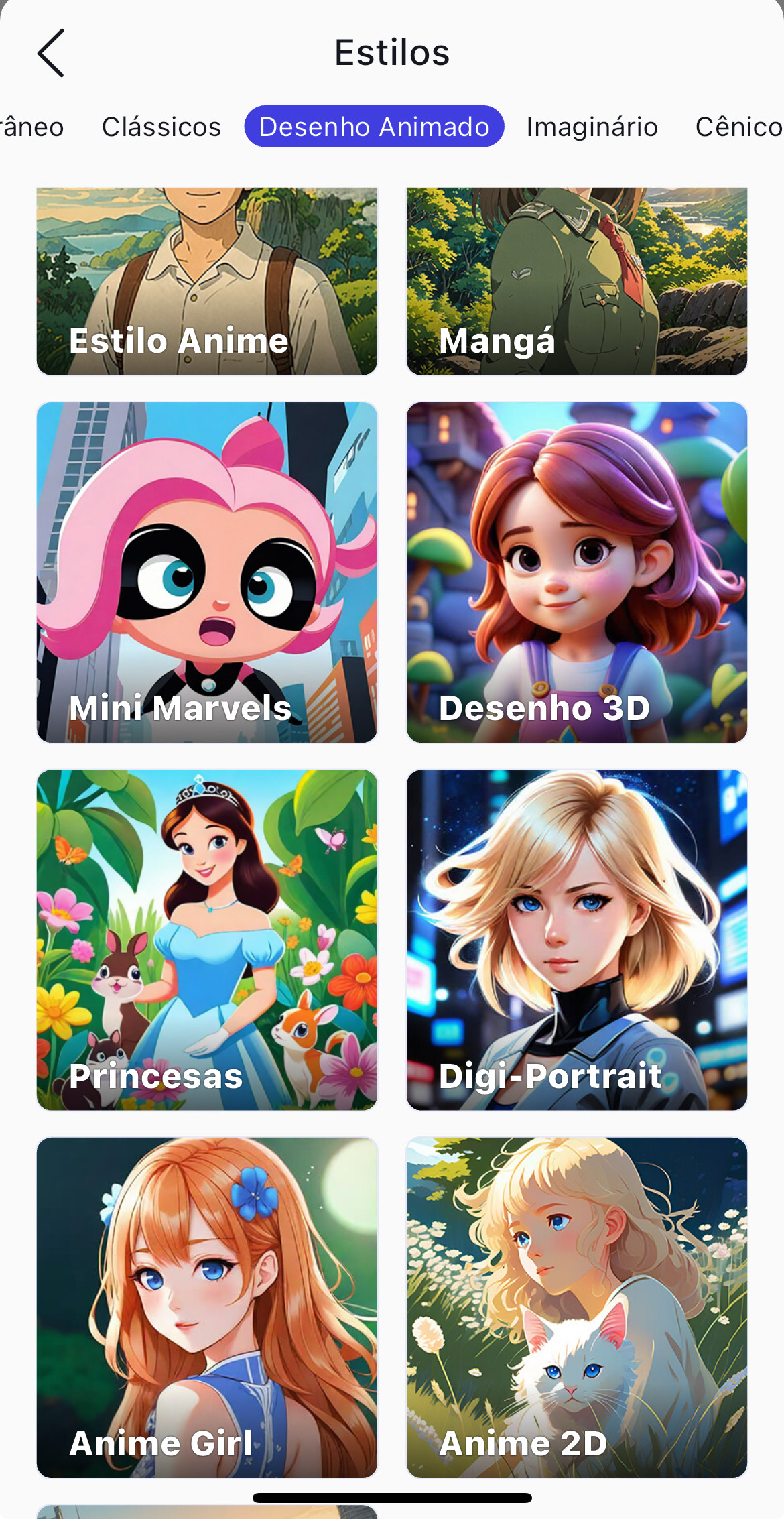 Interface do YouCam AI Pro, mostrando diversos estilos para criar imagens com IA
