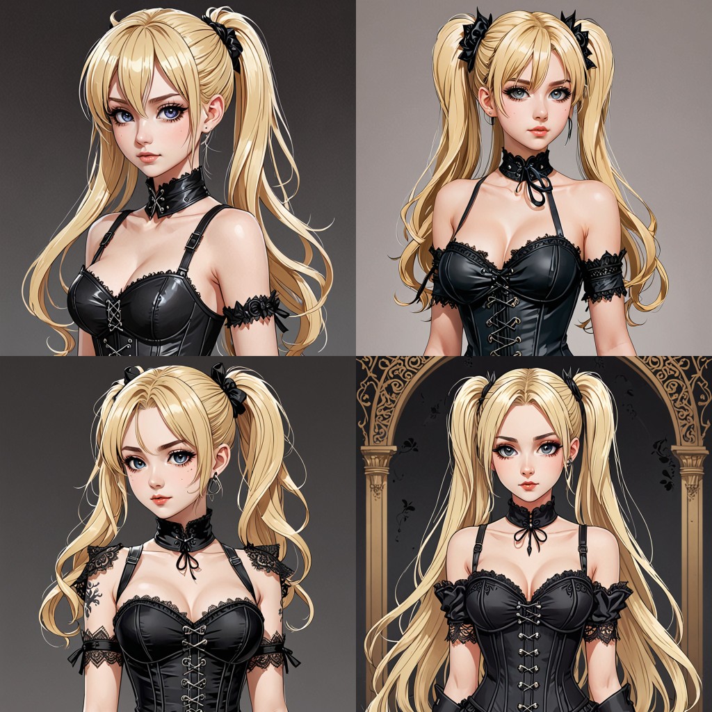 Montagem com 4 imagens mostrando 4 garotas semelhantes à Ani do Grok AI, cabelo maria-chiquinha loira e vestido gótico