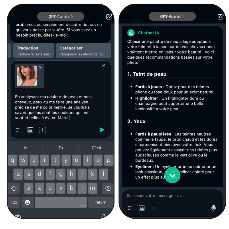 Faites un test de colorimetrie en important votre photo dans YouCam AI Chat