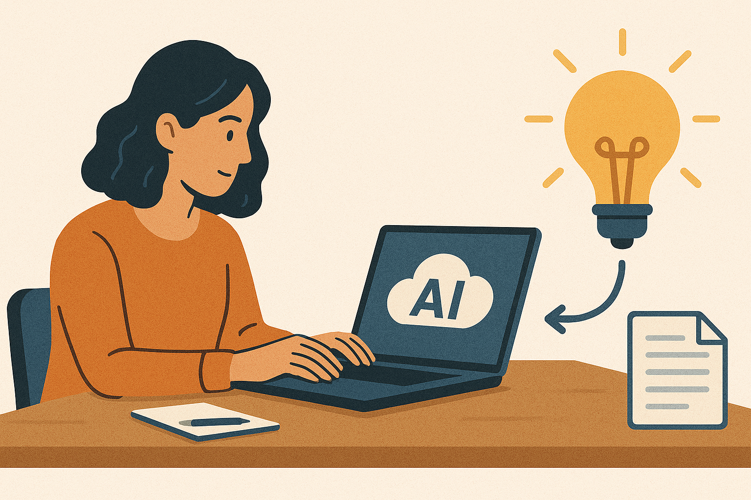 Woman typing on a laptop with an "AI" icon, a glowing lightbulb, and a document symbolizing creative idea generation through prompt writing.