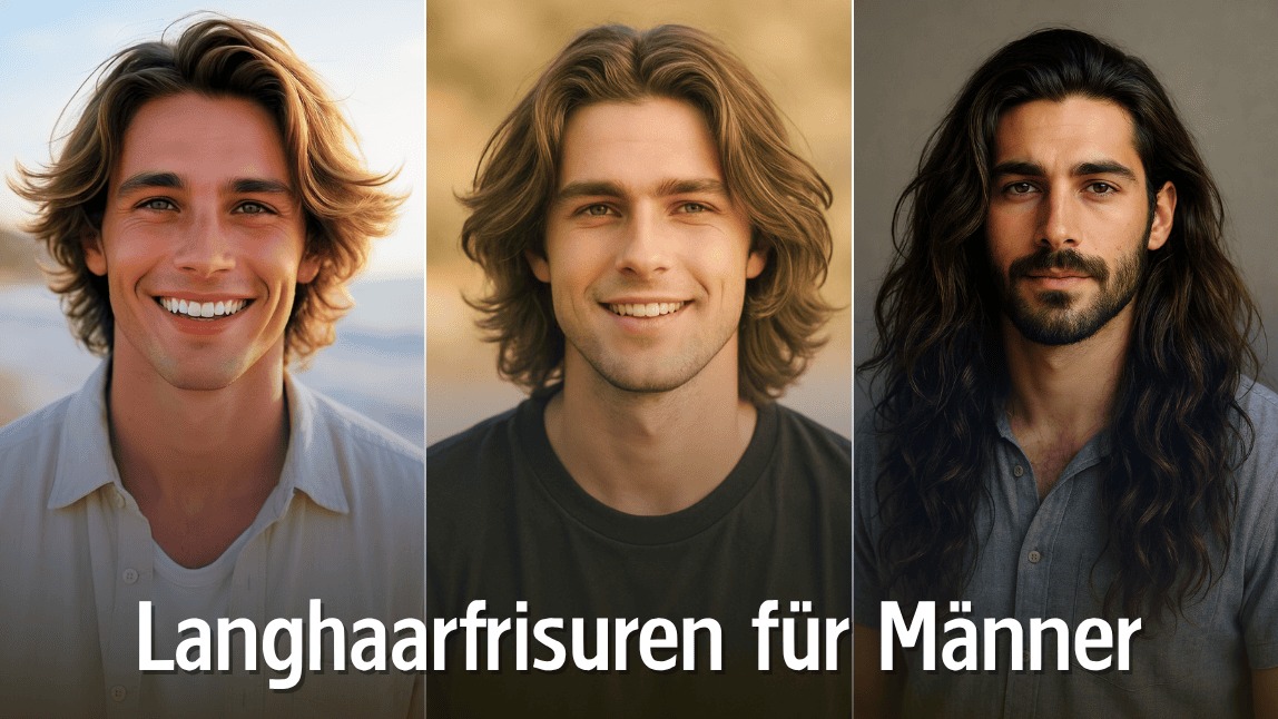 Drei Männer mit unterschiedlichen Langhaarfrisuren – von mittellangem Surfer-Style bis voluminösem Langhaar-Look