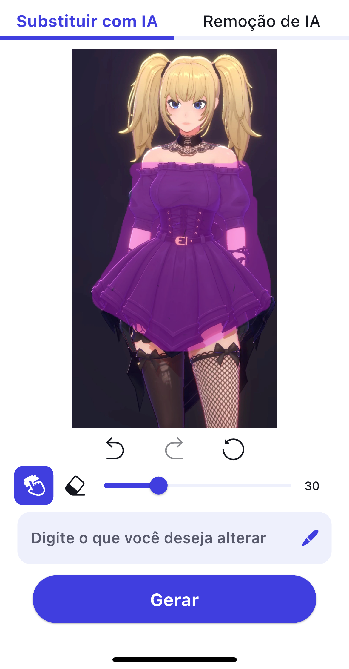 Interface do YouCam AI Pro, usando o pincel mágico da ferramenta Substituir com IA para trocar a roupa da Ani, companheira virtual do Grok AI