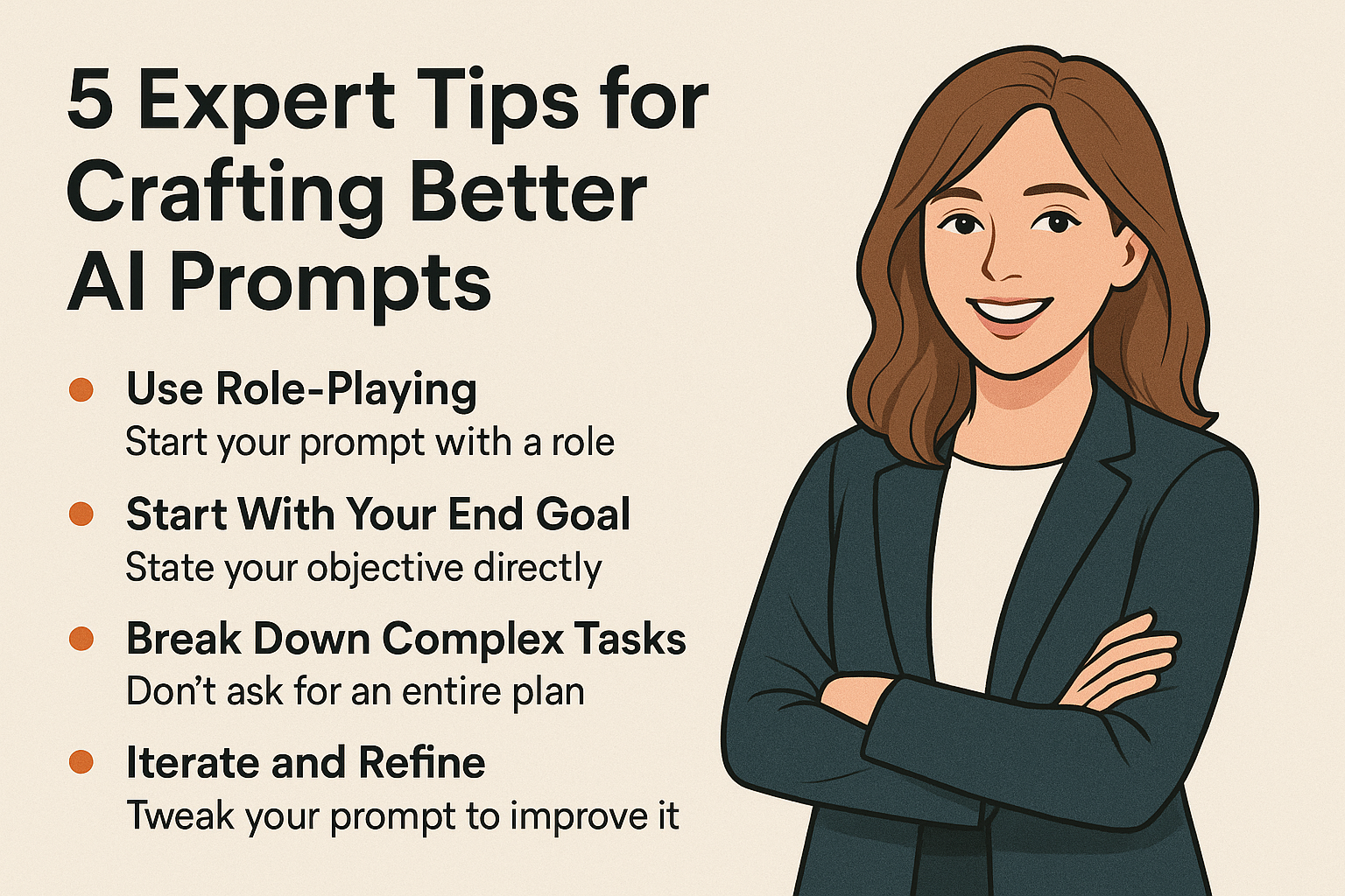 Professional-style illustration of a woman in a blazer presenting tips for crafting AI prompts, including role-playing, setting goals, simplifying tasks, and refining prompts.