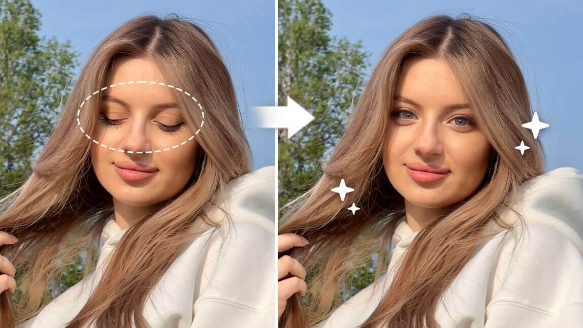 Antes e depois de usar um aplicativo com IA para abrir o olho em uma foto, corrigindo os olhos fechados.