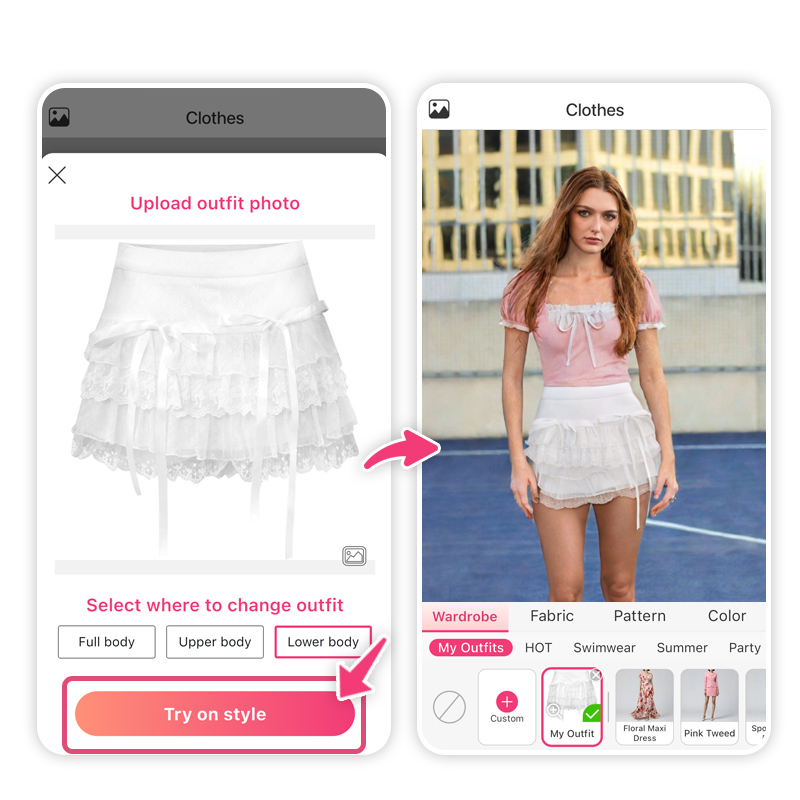 Use AI Clothes tool in YouCam Makeup to explore Dollcore aesthetic. 