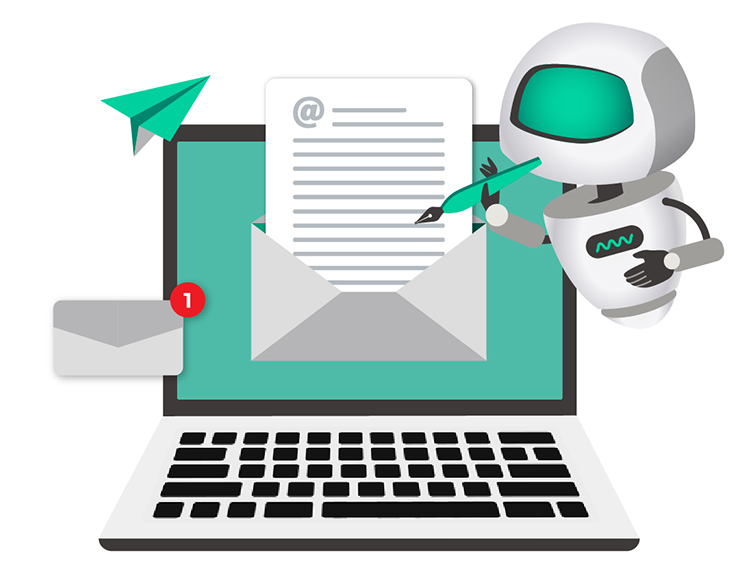 Illustration of a robot writing an email on a laptop screen, symbolizing AI-assisted email writing and automation. An envelope and paper plane icon represent message sending and notifications.