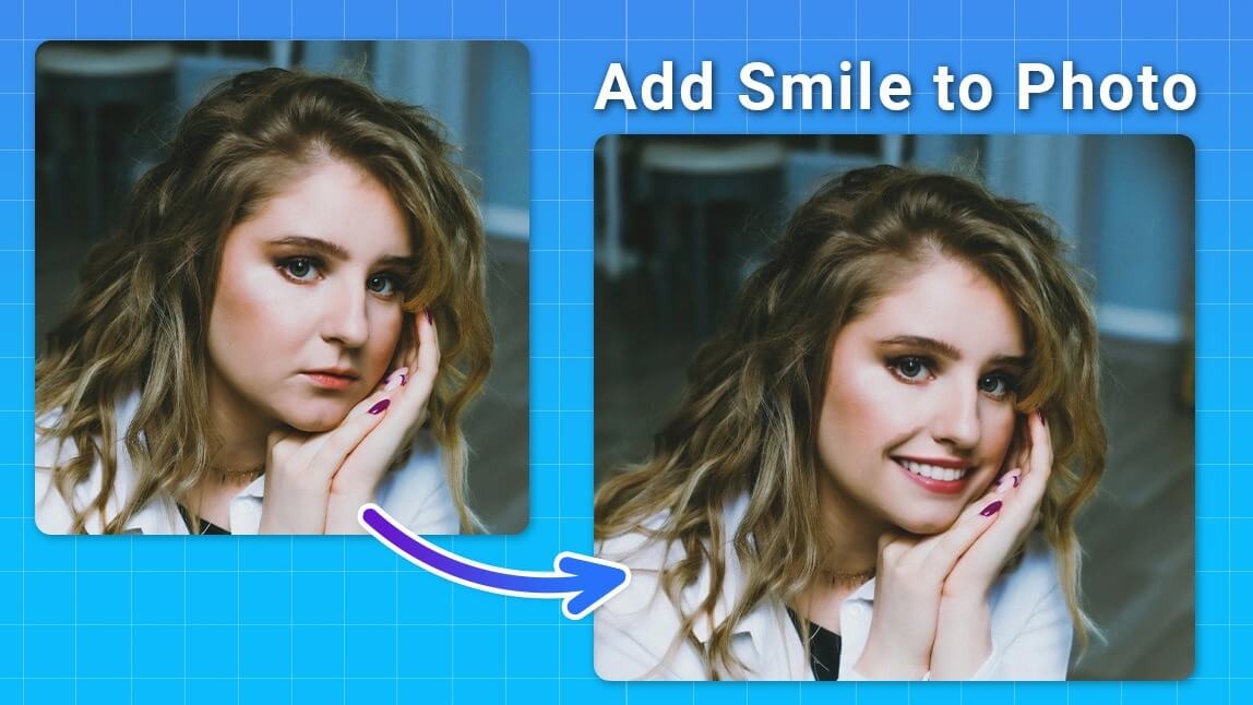 Comparativo de antes e depois de uma IA para colocar sorriso na foto de uma mulher.