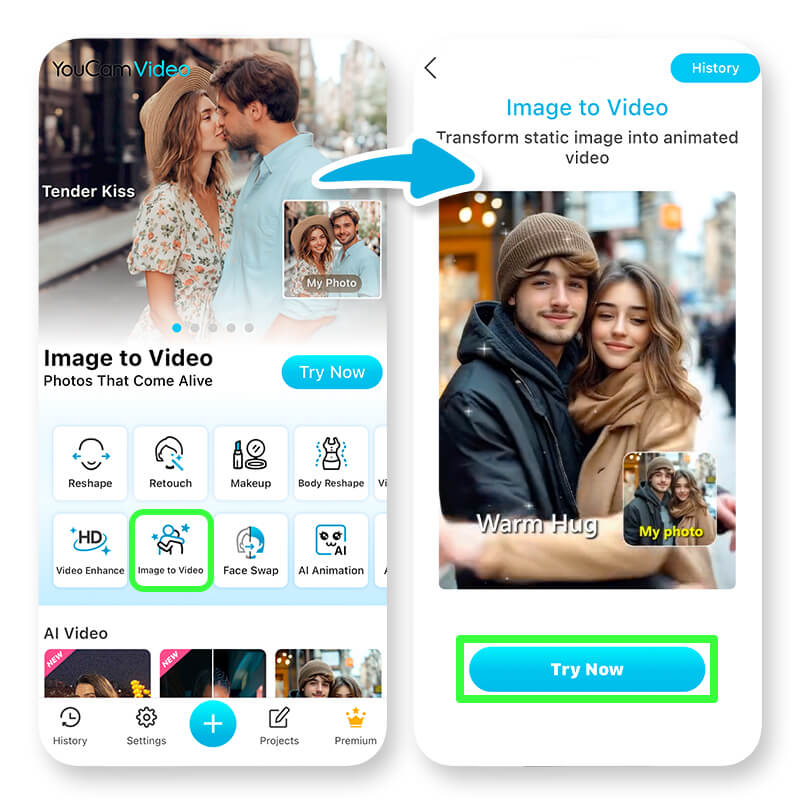 Screenshot of the YouCam Video app home screen, highlighting the Image-to-Video feature.