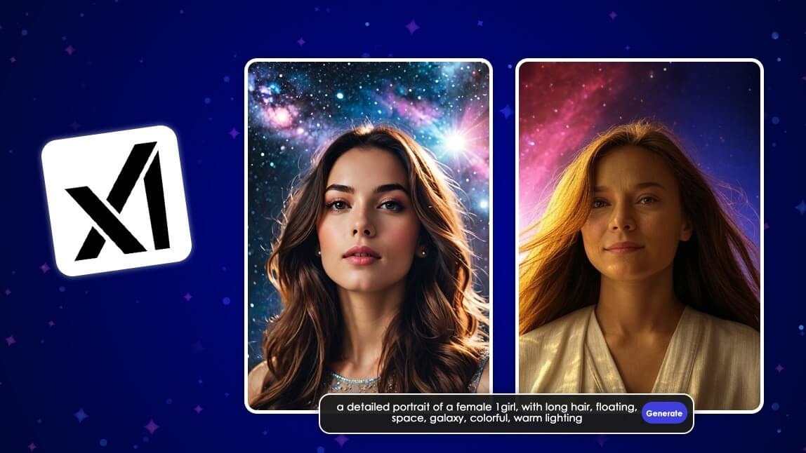 Interface do gerador de imagem IA Grok mostrando como criar imagem a partir de um prompt de texto, com dois exemplos de retratos de mulheres gerados com fundo de galáxia.