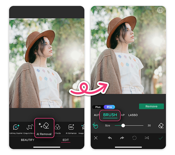 Reduce lens flare in your pics using YouCam Perfect app.