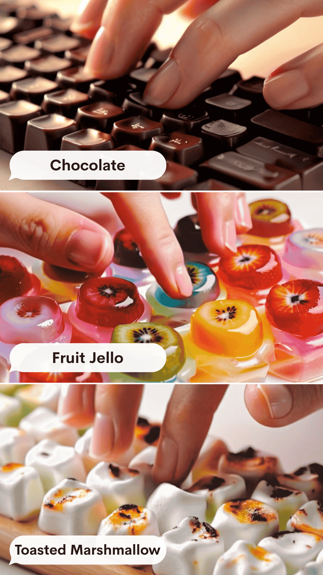 A collage of different AI-generated keyboard videos, including designs made of fruit, jelly, and chocolate.