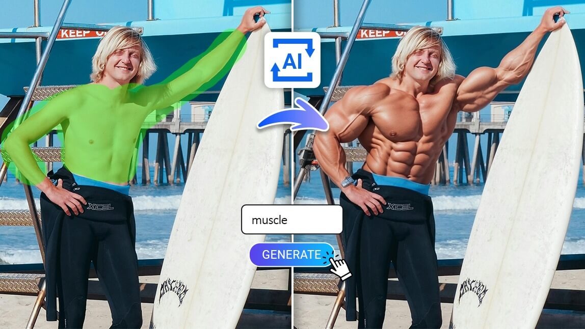Montagem de antes e depois mostrando um homem usando a IA que deixa musculoso para colocar músculos na foto, transformando seu corpo com um efeito musculoso realista.