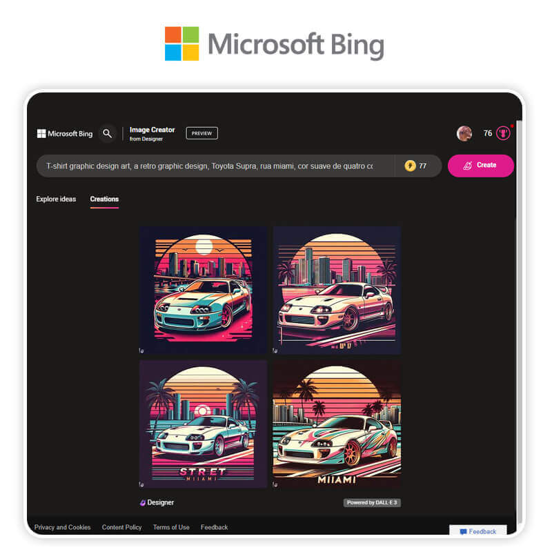 Design de um carro azul criado com o gerador de imagens Bing.