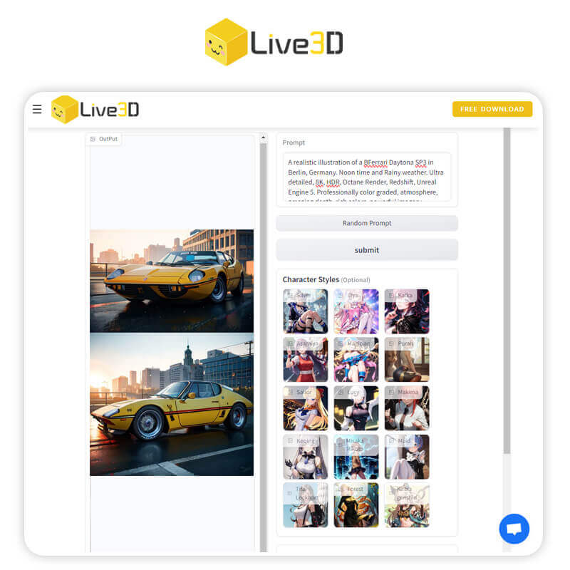 Carro futurista gerado com a IA para carros do Live3D.