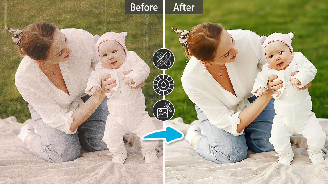 Use AI Photo Enhancer, AI Scratch Remover, and AI Colorize to restore old photos