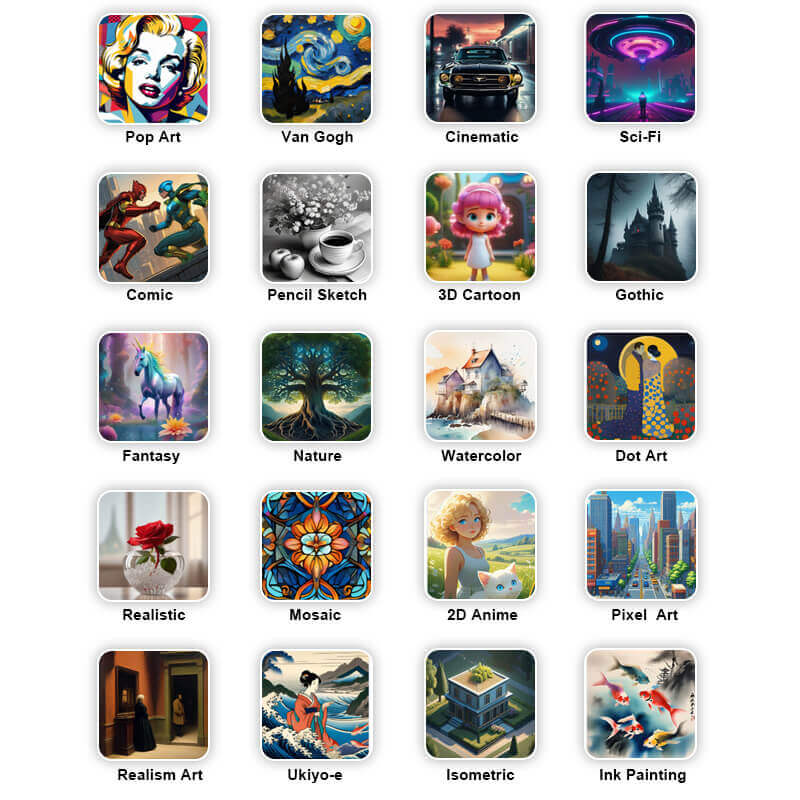 Exemplos de diferentes estilos de arte para personalizar carros com IA.