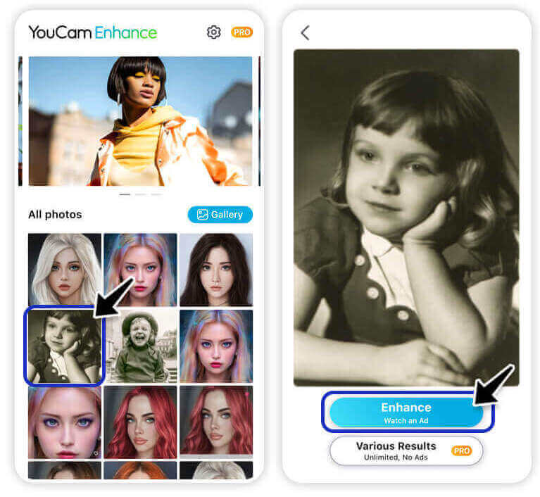 Captura de tela do YouCam Enhance mostrando como carregar uma foto digitalizada.