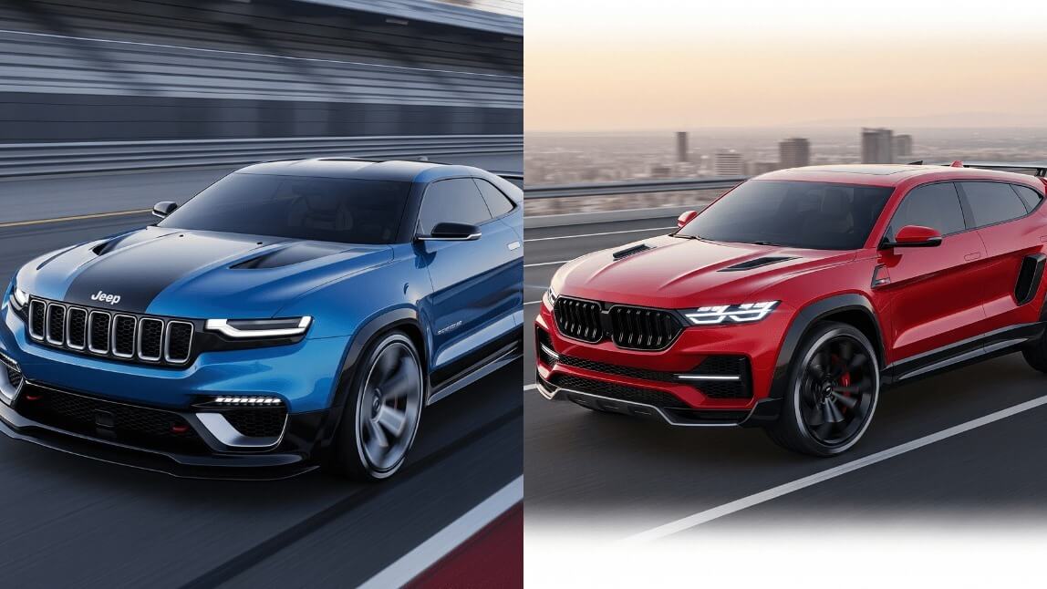 Dois SUVs esportivos, um azul e um vermelho, mostrando o design de carros que pode ser criado com um criador de carros IA.