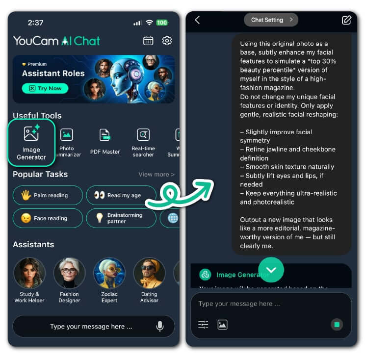AI Chat YouCam : test beauté visage, score beauté visage