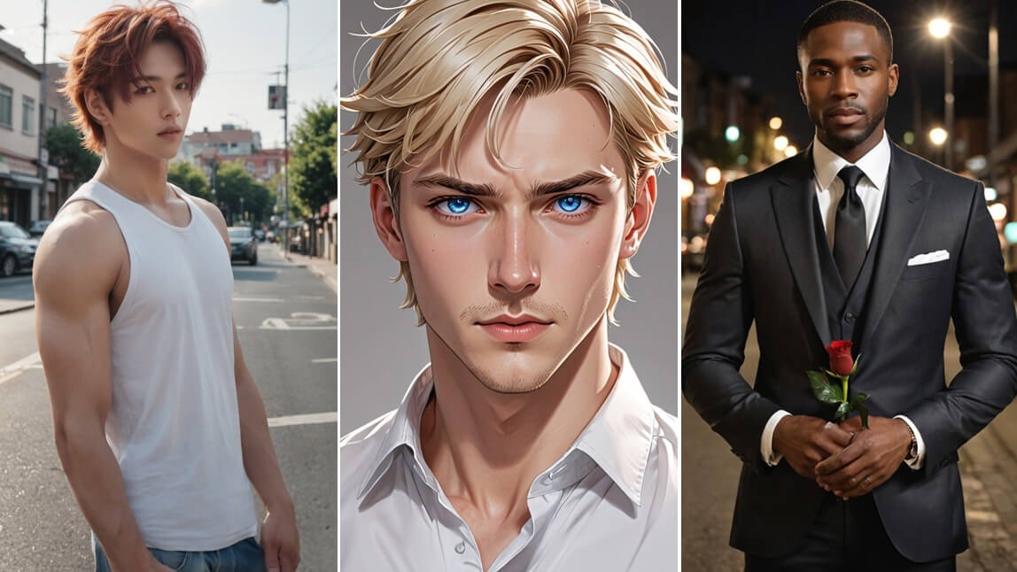Montagem com três estilos de namorado IA que você pode criar: um homem asiático casual, um namorado virtual em estilo anime e um parceiro IA negro de terno.