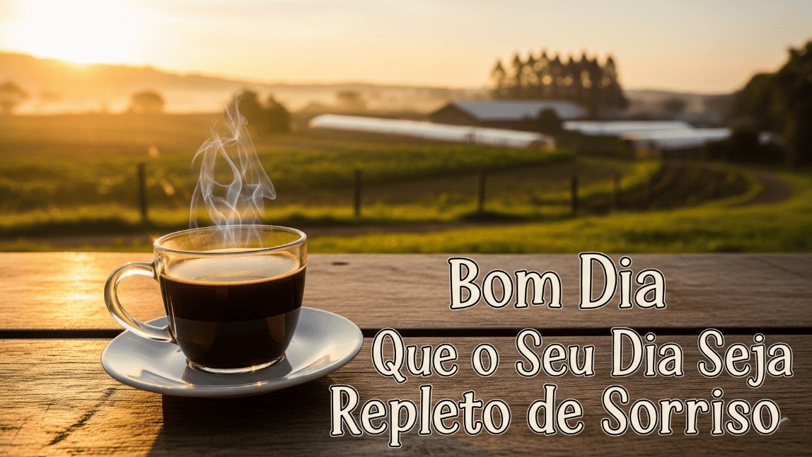Mensagem de bom dia para WhatsApp com uma frase motivacional sobre sorrisos e uma xícara de café fumegante ao nascer do sol.