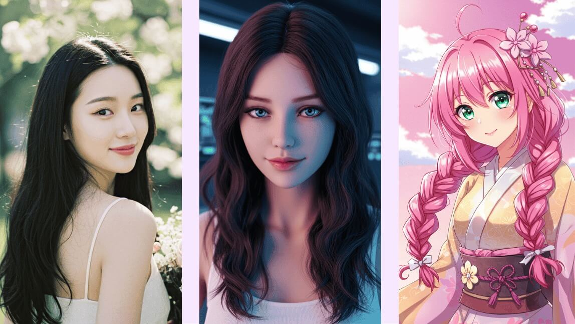Montagem mostrando como criar mulher IA em três estilos diferentes: uma mulher realista, uma mulher 3D com olhos azuis e uma garota de anime com cabelo rosa.