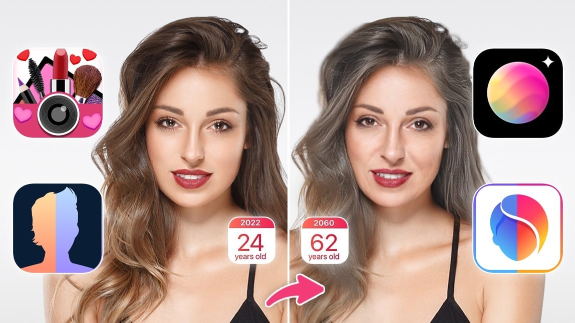 Antes e depois de uma mulher usando um app de envelhecimento para envelhecer sua foto, mostrando a transformação de um rosto jovem para um mais velho.