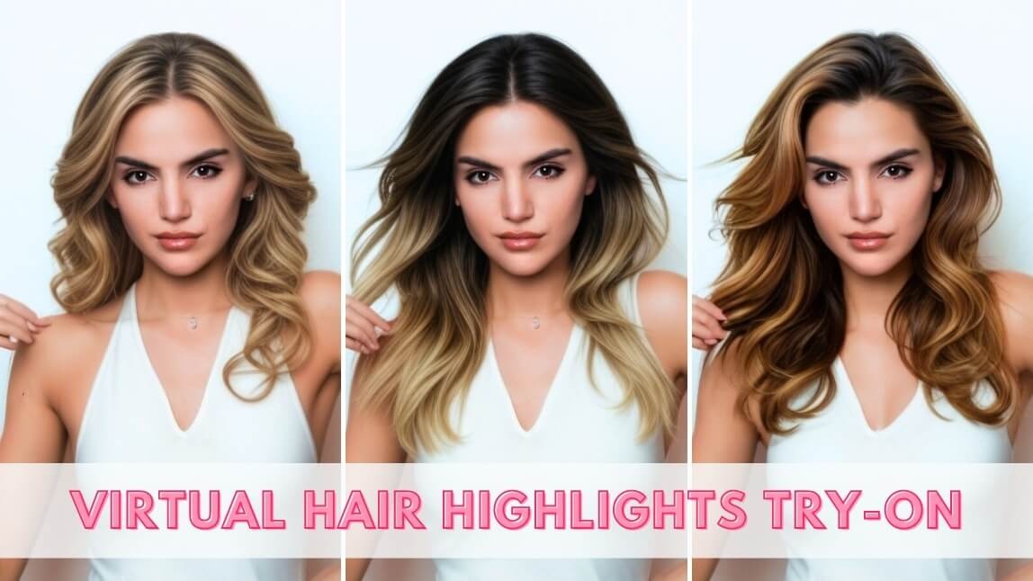 Mulher usando o simulador de luzes no cabelo para testar o efeito de mechas loiras, ombré e o visual morena iluminada.