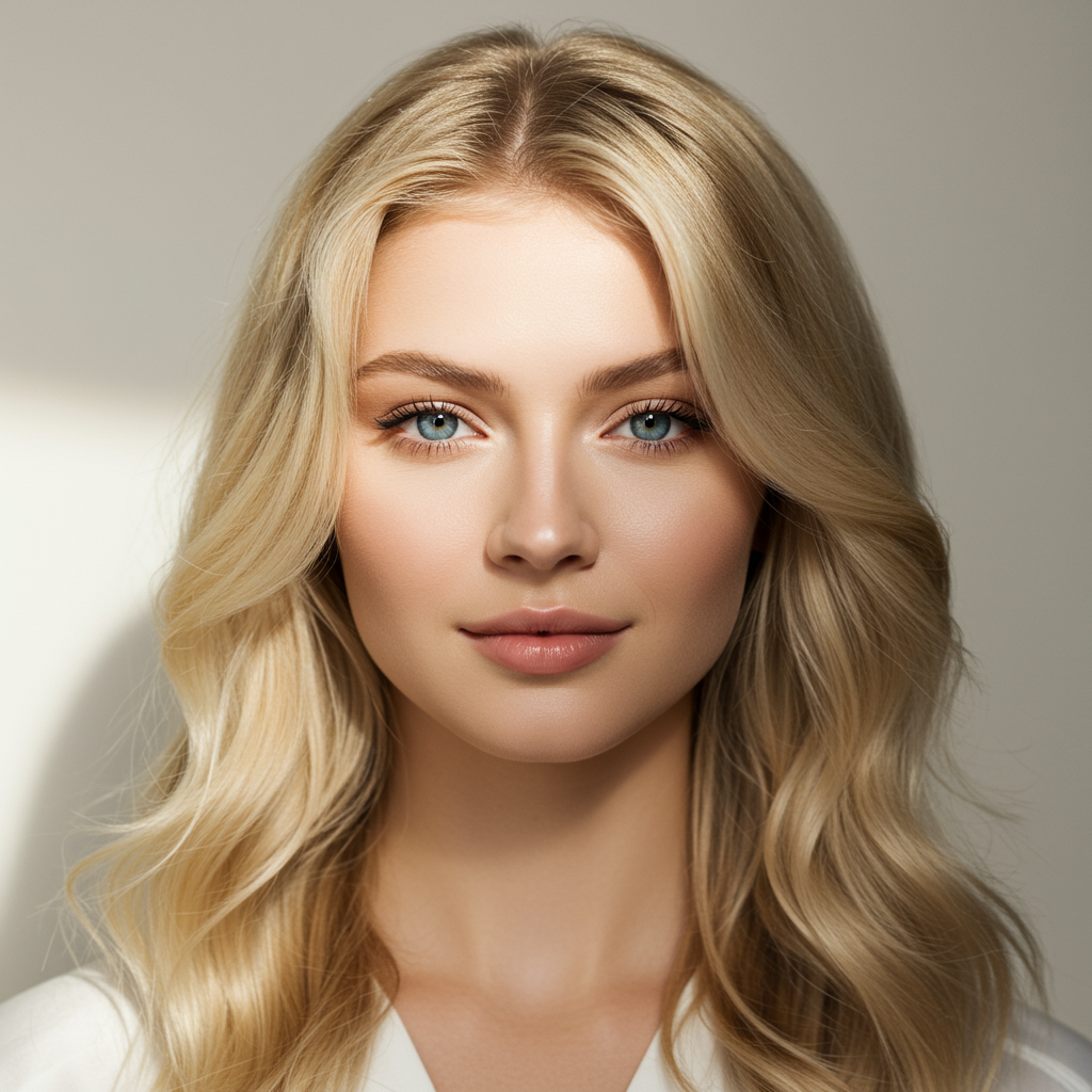 Foto de rosto de uma mulher loira com olhos azuis, mostrando um nariz bem definido depois de usar um simulador de rinoplastia ou um editor de nariz online.