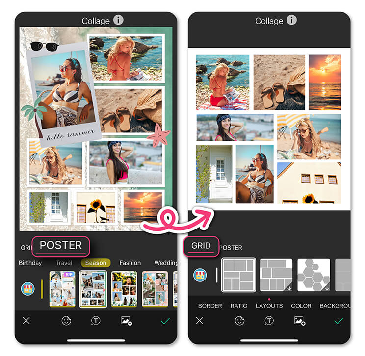 Choose a collage template or a clean Grid layout for your July photo dump.