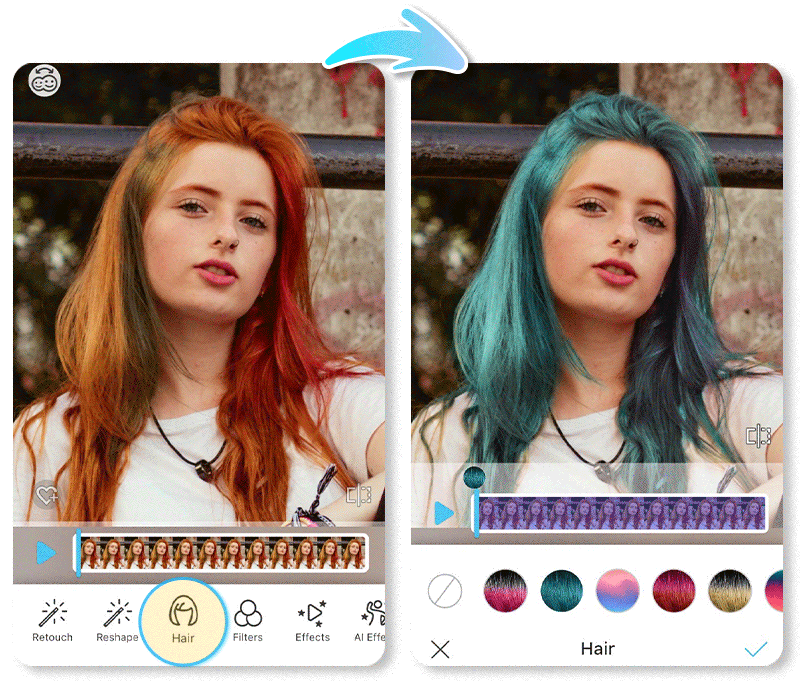 An animated GIF demonstrating the YouCam Video hair color changer app applying different colors to a woman's hair in a video.