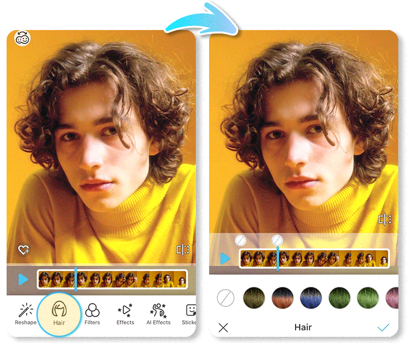 Animated GIF showcasing various ombré hair color filters in the YouCam Video app.
