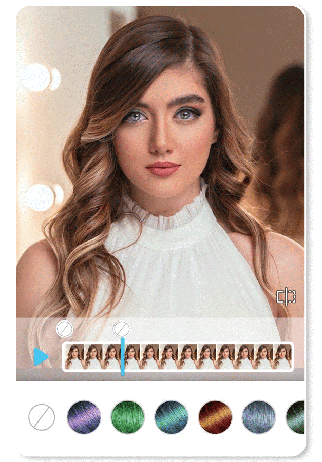 A GIF displaying vibrant, multidimensional hair color filters available in the YouCam Video app.