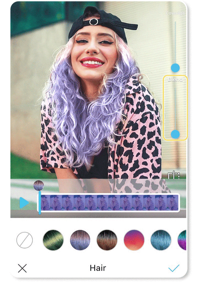 An animated GIF showing two-toned hair color filters being applied in the YouCam Video app.