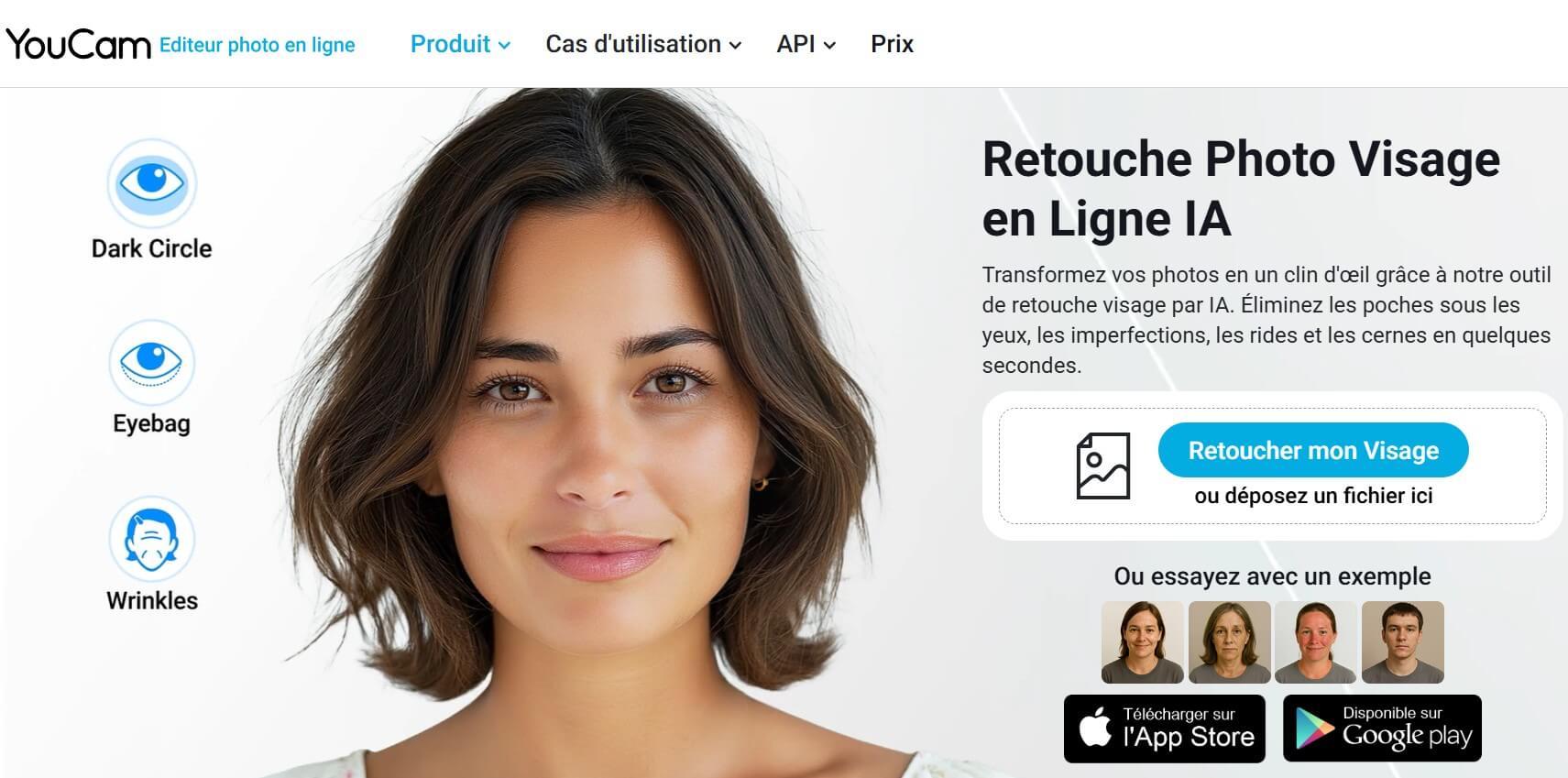 Retouche visage sur photo en ligne : cernes, poches, texture, boutons, imperfections