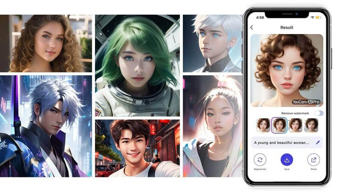 Exemplos de imagens criadas por um gerador de imagens IA, exibindo retratos e a interface de um app de IA para fotos no celular.